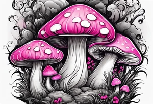 pink and white mushroom forest, smoke coming from caterpillars mouth tattoo idea