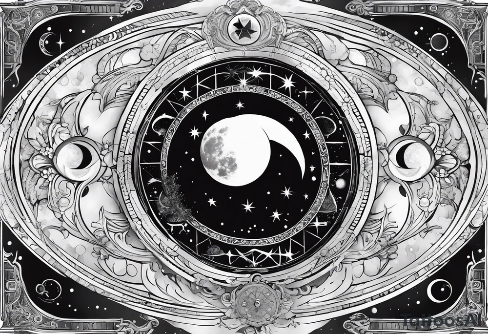 Astrology, Cancer, Natal Chart, symbolic, vision, yin yang, the moon, the sun, Uranus, Pluto, spiritual third eye, mystical armband tattoo idea