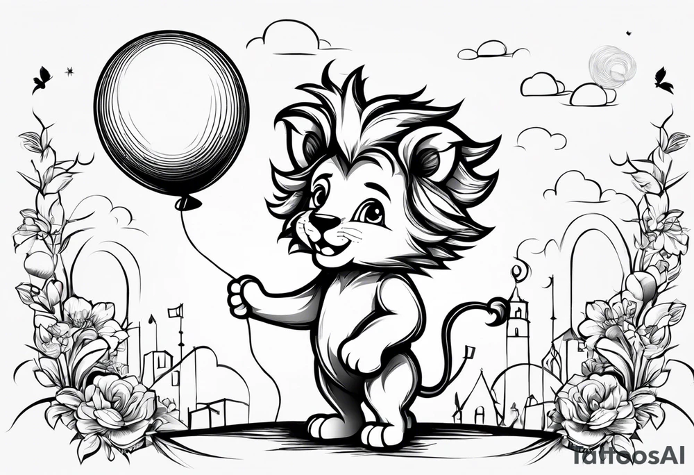 tatoo in sketch style only.
A little lion boy is holding a string to the hearth shaped small party baloon.
lion boy should be drawed from behind and has one hand reaching up in 45 degree angle and holding the baloon string
On the string is a wave which look like a hearbeat pulse.
draw it without any scenery, without any background. Just a boy 
Add heartbeat pulse on the string tattoo idea