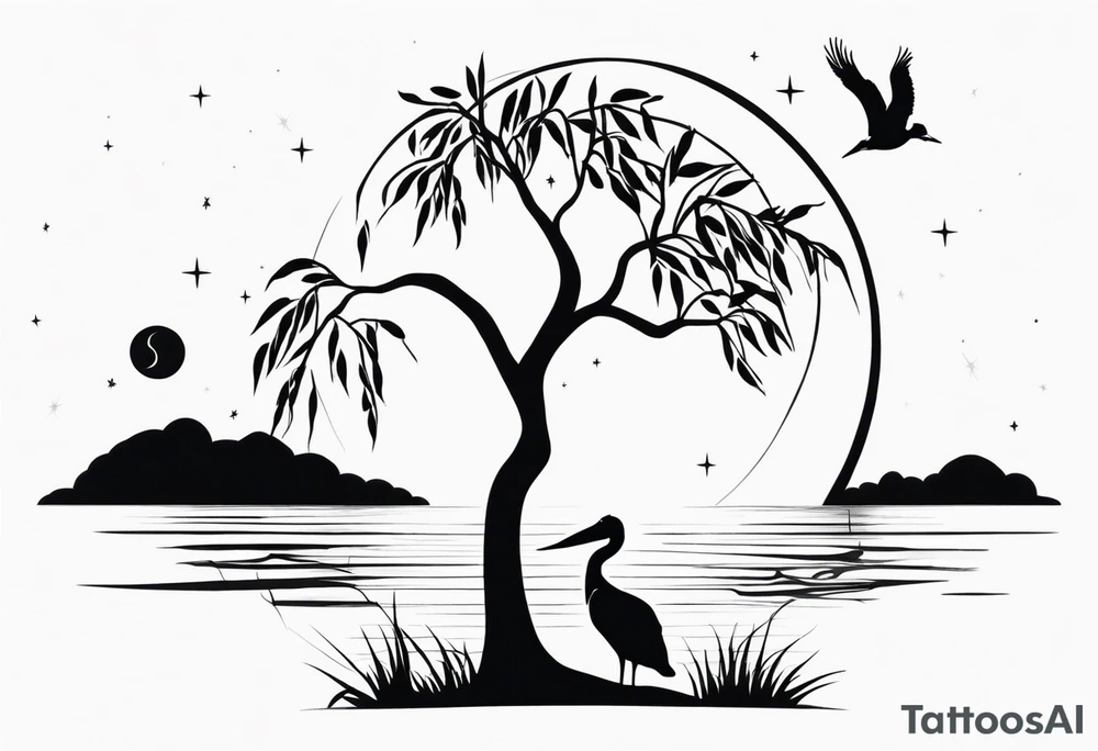 A simple willow tree with a flying pelican. A sun a moon and a star tattoo idea A simple willow tree with a flying pelican. A sun a moon and a star tattoo idea