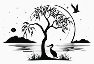 A simple willow tree with a flying pelican. A sun a moon and a star tattoo idea