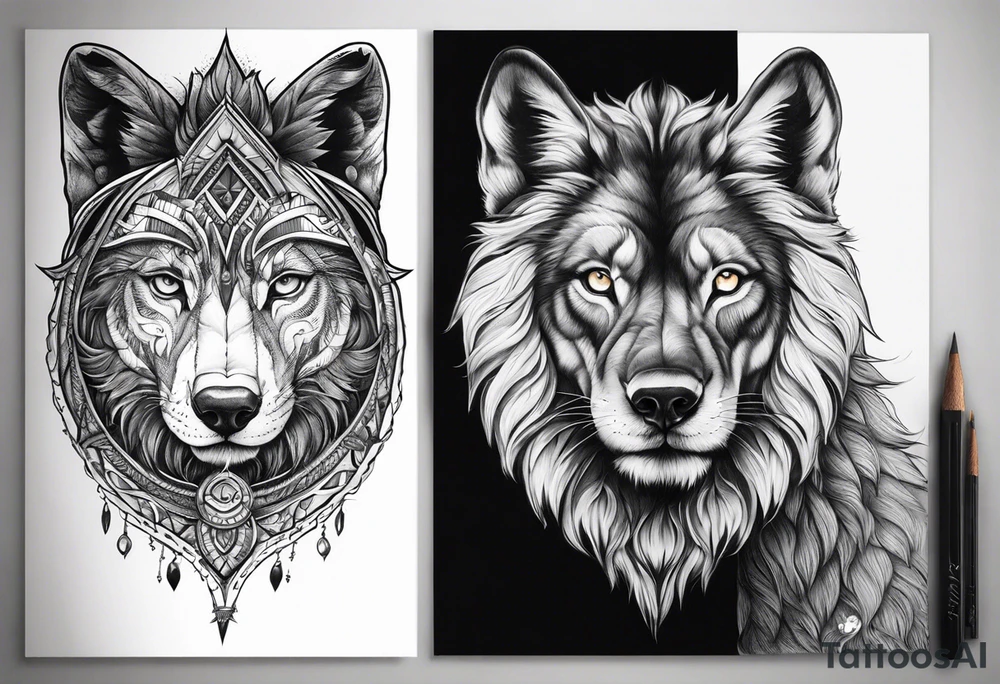 Half Lion eye half wolf eye side by side tattoo idea