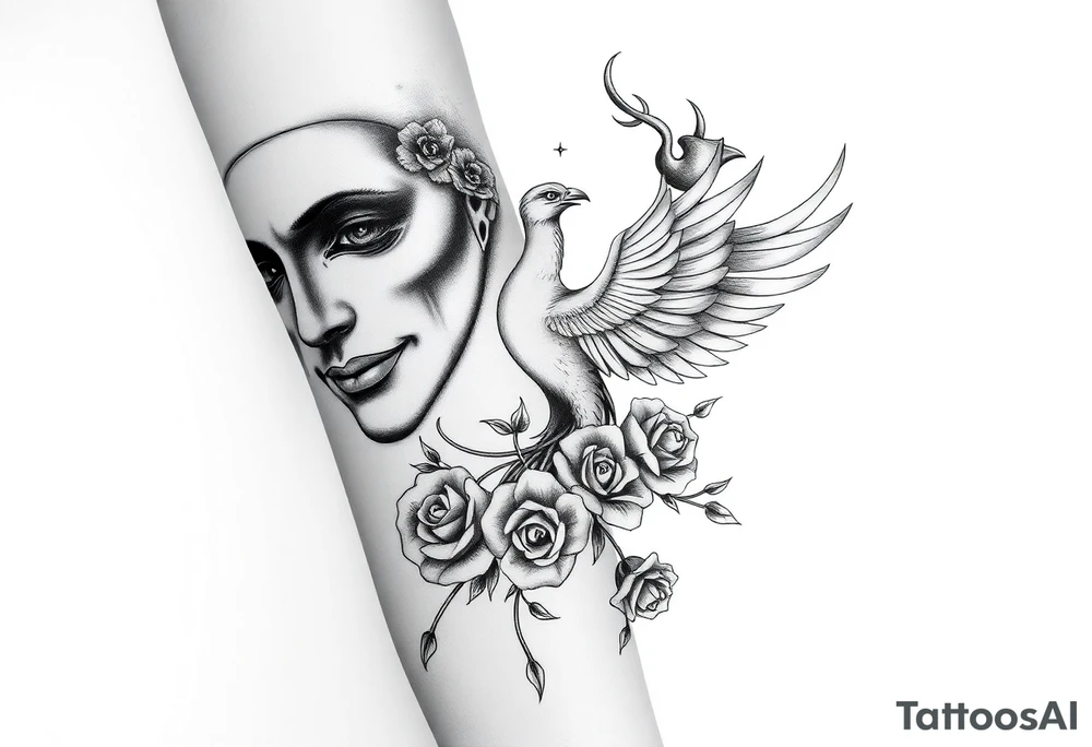 two masks, the one behind crying and the one in front smiling, a phoenix rising from the ashes, the writing "real hasta la muerte" and some roses ending on the hand tattoo idea