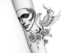 two masks, the one behind crying and the one in front smiling, a phoenix rising from the ashes, the writing "real hasta la muerte" and some roses ending on the hand tattoo idea