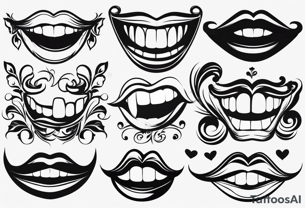 four outlines of teeth with attributes of a family: one with mustache, one with lady eyelashes, one smaller with a bow on its head and one smaller in short pants tattoo idea