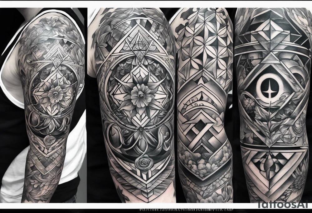 sleeve tattoo - four cardinal virtues of stoicism with a focus on sacred geometry tattoo idea