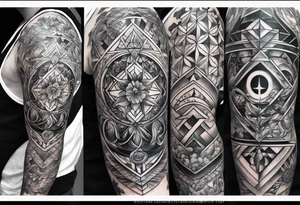 sleeve tattoo - four cardinal virtues of stoicism with a focus on sacred geometry tattoo idea