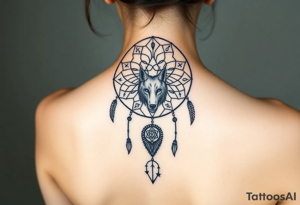 Dreamcatcher with zodiac symbols and protection runes caught in it with wolf teal tattoo idea