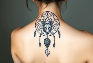 Dreamcatcher with zodiac symbols and protection runes caught in it with wolf teal tattoo idea