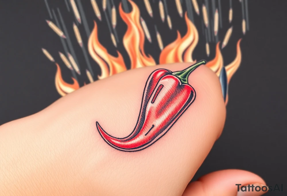 Chili pepper with flames and raining bullets in the background tattoo idea