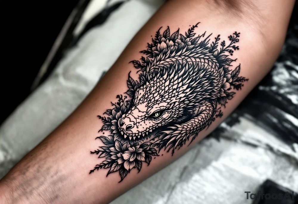 powerful majestic big reptile, surrounded by floral ornaments tattoo idea