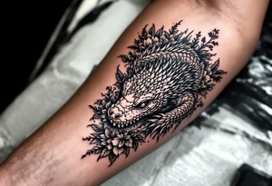 powerful majestic big reptile, surrounded by floral ornaments tattoo idea