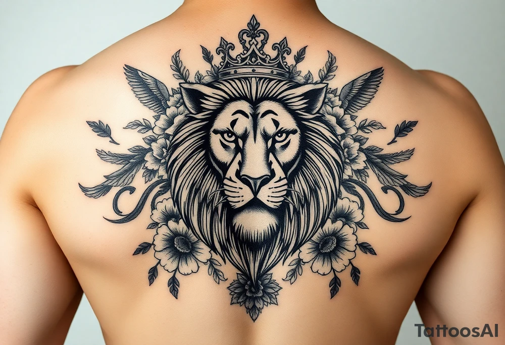 powerful majestic lion with a crown, surrounded by floral ornaments and birds tattoo idea
