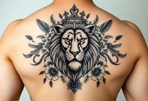 powerful majestic lion with a crown, surrounded by floral ornaments and birds tattoo idea