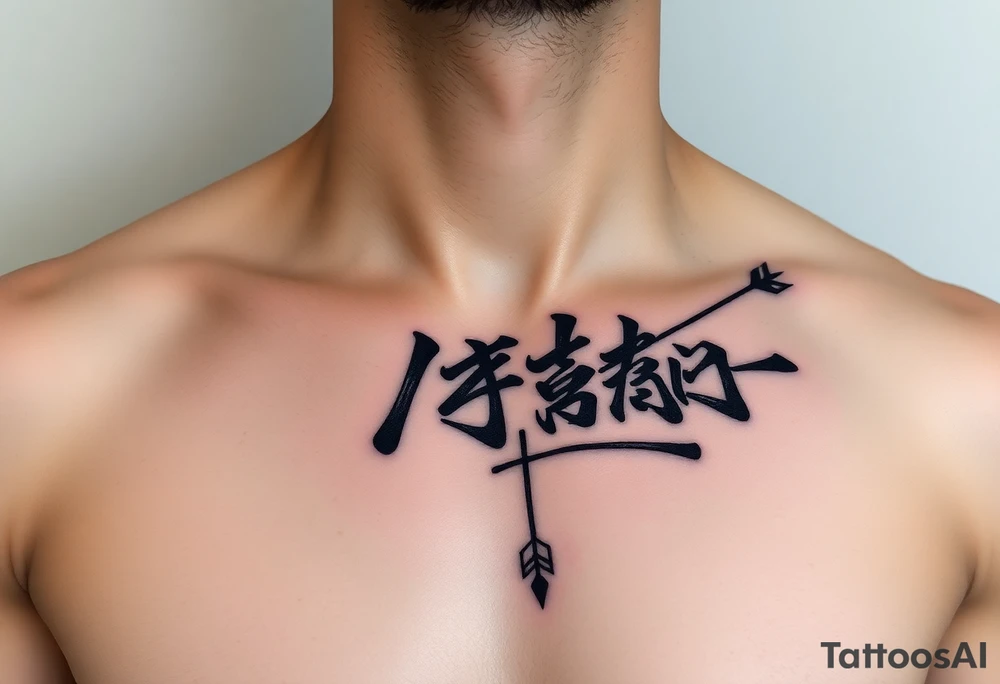 japanese writing with bow and arrow on right chest tattoo idea