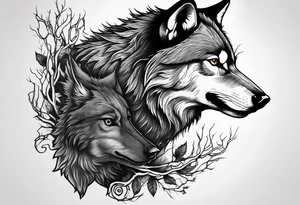 A powerful Wolf ist carrying a crow on His back
Background Woods and thorns tattoo idea