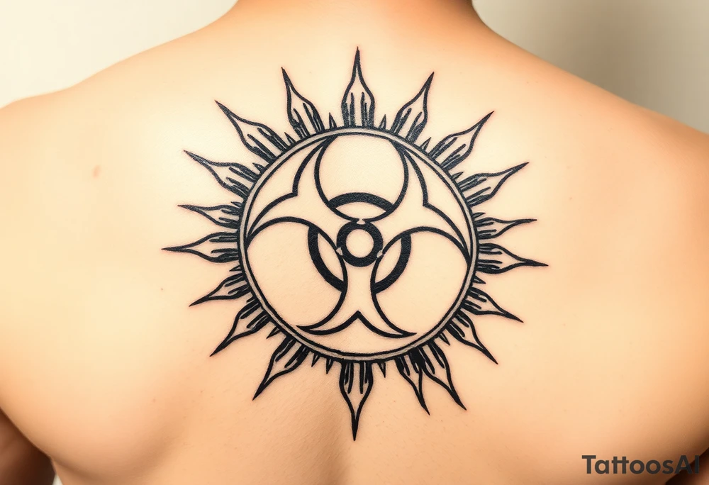 biohazard symbol inside a sun with bold lines, in an old-school black ink style. tattoo idea