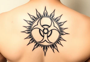 biohazard symbol inside a sun with bold lines, in an old-school black ink style. tattoo idea