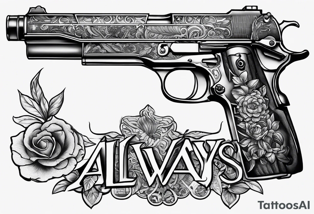 The letters AR with a pistol on each side and the word always on the top and ready on the bottom tattoo idea