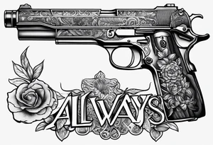 The letters AR with a pistol on each side and the word always on the top and ready on the bottom tattoo idea