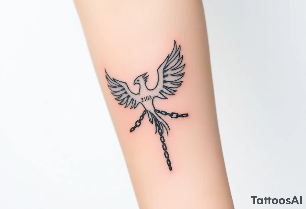 Design a minimalist tattoo: a phoenix or tree breaking chains, symbolizing freedom from addiction and rebirth. Include dates 21.02 and 22.02 subtly. Emphasize self-love, dignity, and inner strength. tattoo idea