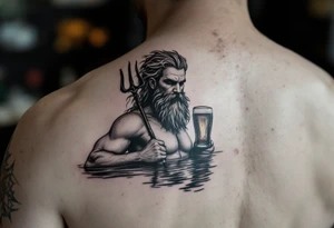 Drunk neptune with trident half way in calm water with a beer tattoo idea