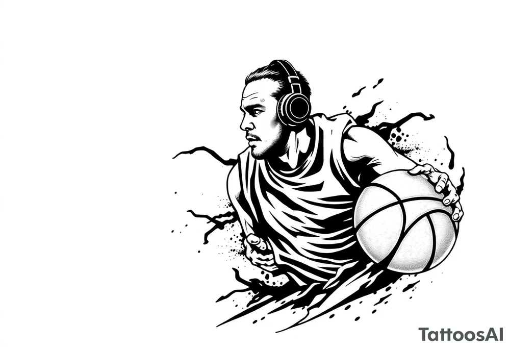 A guy dribbling a basketball with headphones on tattoo idea