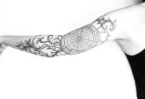 Black and grey sleeve of a labyrinth tattoo idea