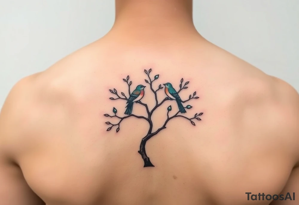 A delicate tree with two birds perched on its branches, symbolizing family growth. (Color: Earthy greens and browns with soft pastel birds) tattoo idea