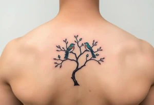 A delicate tree with two birds perched on its branches, symbolizing family growth. (Color: Earthy greens and browns with soft pastel birds) tattoo idea