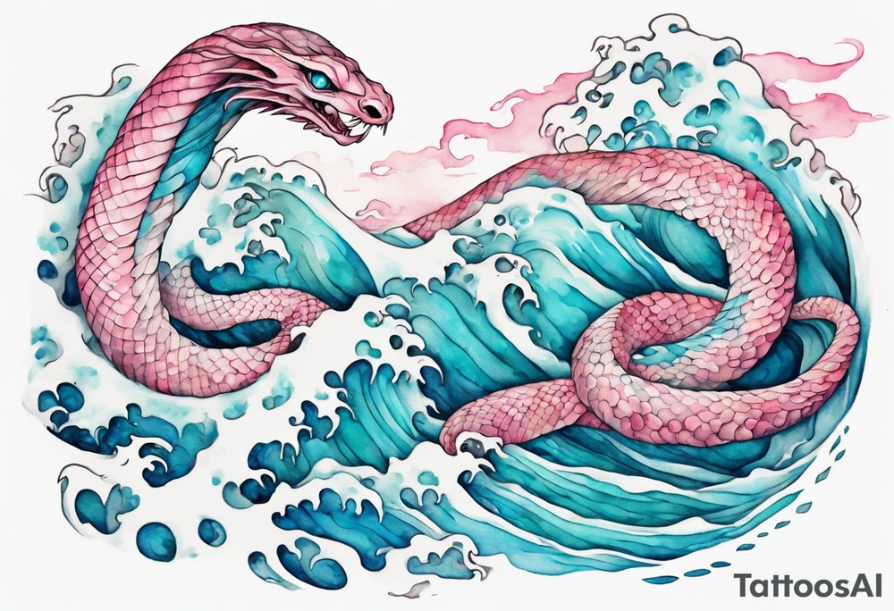 a pretty turquoise pink and white serpent rising from the blue waves of the ocean tattoo idea