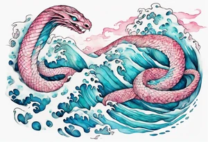 a pretty turquoise pink and white serpent rising from the blue waves of the ocean tattoo idea
