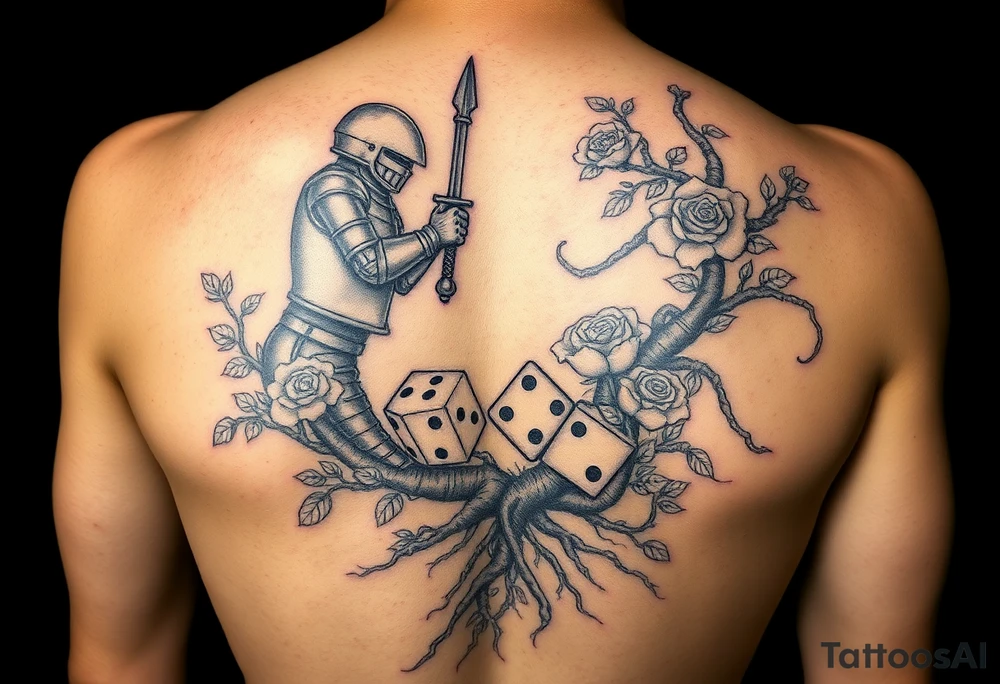 knight and squid intertwined with climbing roses and tree roots with cherry blossoms rolling dice tattoo idea