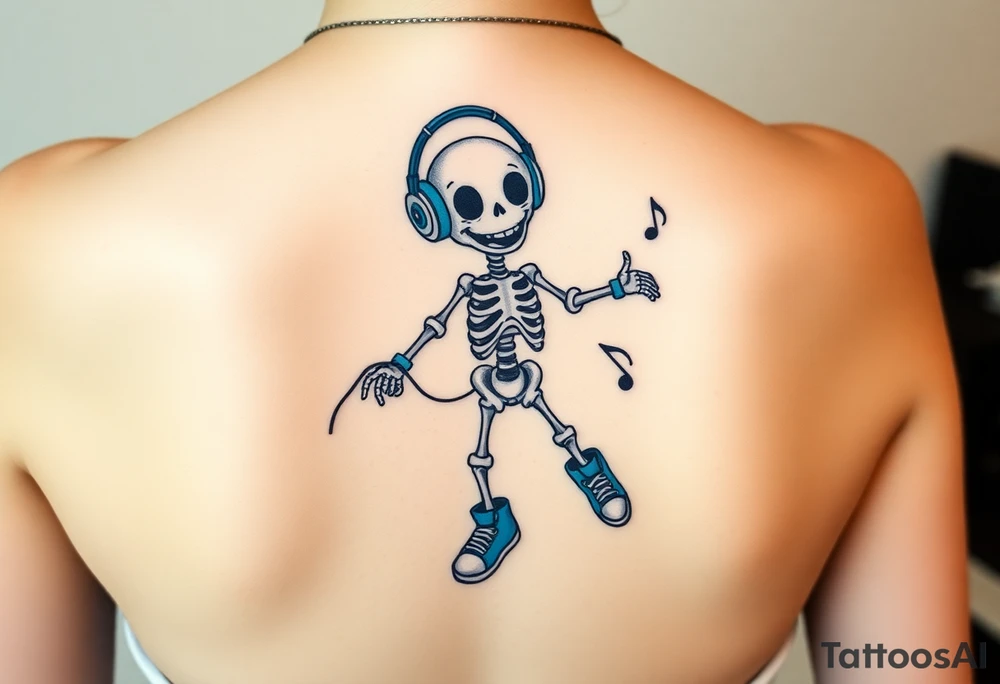 Cute smiling skeleton jumping on a jump rope with blue headphone and blue tennis shoes and blue armbands with music notes tattoo idea