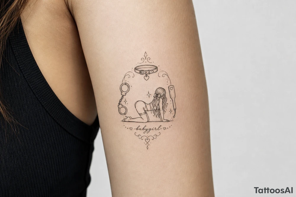 A tattoo for a submissive named babygirl, with a wrist cuffs, a collar, a paddle, and a stylized line art female form that is kneeling and prone. tattoo idea