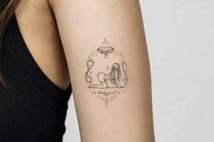 A tattoo for a submissive named babygirl, with a wrist cuffs, a collar, a paddle, and a stylized line art female form that is kneeling and prone. tattoo idea