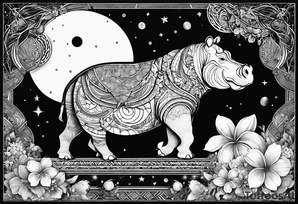 Hippo, flowers, moon, interstella, artic surreal,
Extreme fine lines, tribal, geometric, japanese, artistic tattoo idea