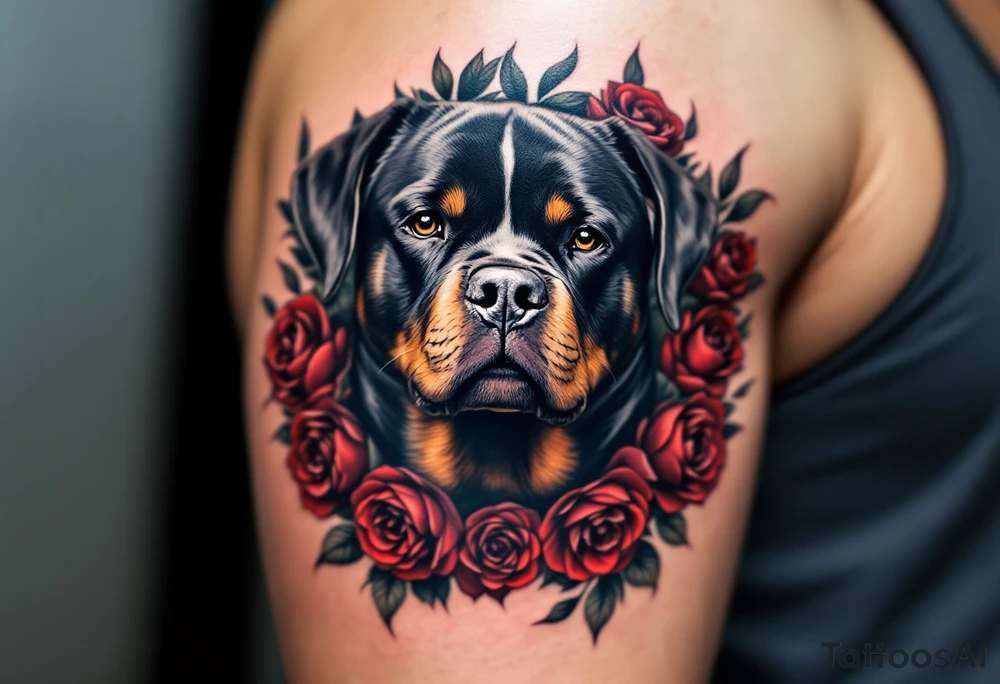 Rottweiler with Rose Wreath – A calm Rottweiler portrait surrounded by red and deep burgundy roses. Use full color with high contrast between the dark fur and bright petals. tattoo idea
