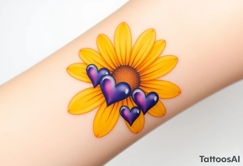 Yellow daisy flower with Purple Hearts tattoo idea