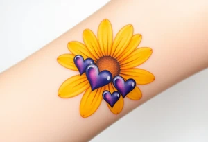 Yellow daisy flower with Purple Hearts tattoo idea