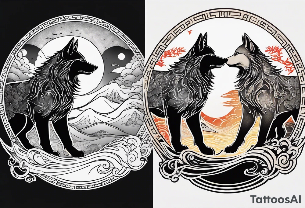 Two wolves—Sköll and Hati—one chasing the sun and the other chasing the moon. You could position them on opposite sides of a circular design with the sun rising and the moon setting at the top and bottom. tattoo idea