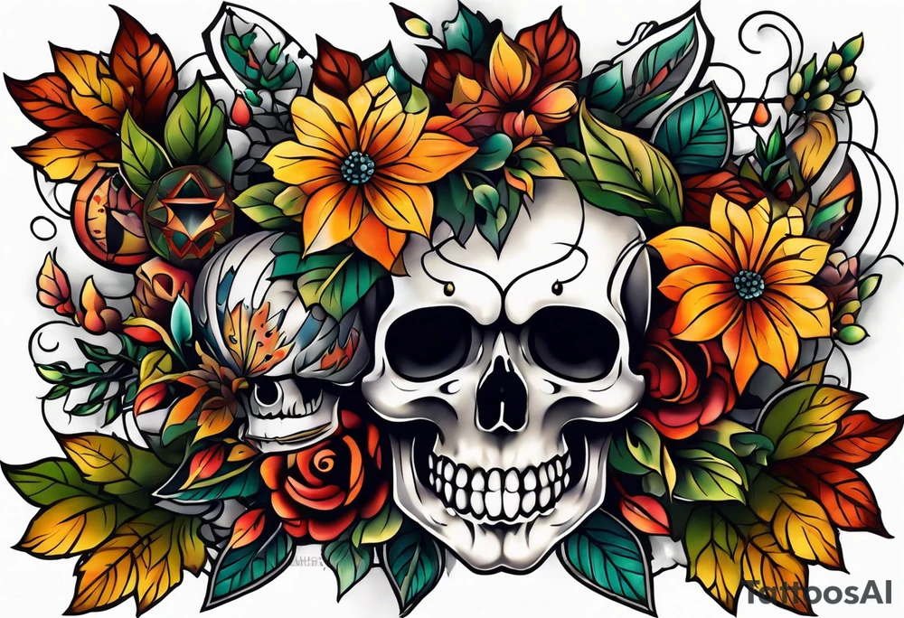 old school center knee tattoo with fall colors, flowers, skulls and geometric shapes. tattoo idea
