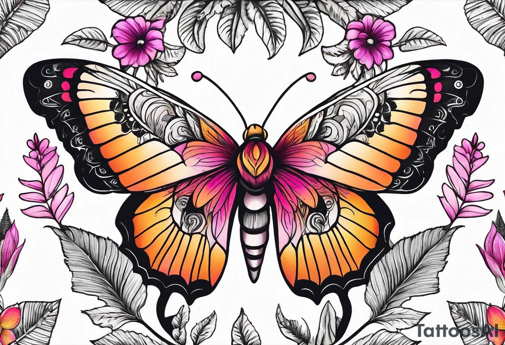 Botanical with pretty moth, colorful, mandala, fern leaves, white, orange, yellow, pink, black, fuschia tattoo idea