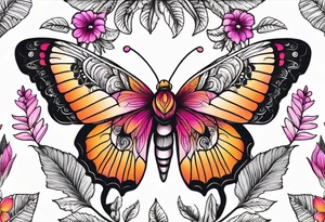 Botanical with pretty moth, colorful, mandala, fern leaves, white, orange, yellow, pink, black, fuschia tattoo idea