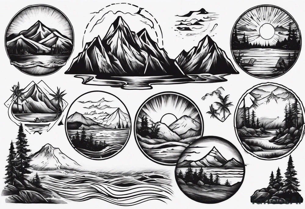 mountains, beach, waves, sunset, camping, trees tattoo idea