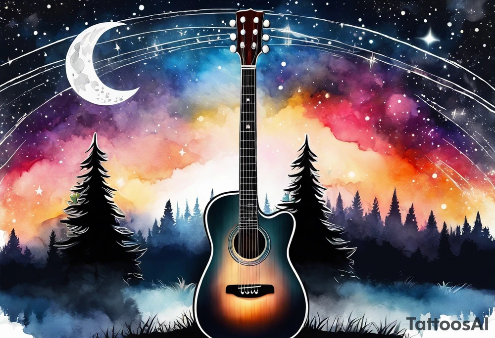 acoustic black guitar made out of trees and a night sky with a bright star tattoo idea