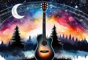 acoustic black guitar made out of trees and a night sky with a bright star tattoo idea