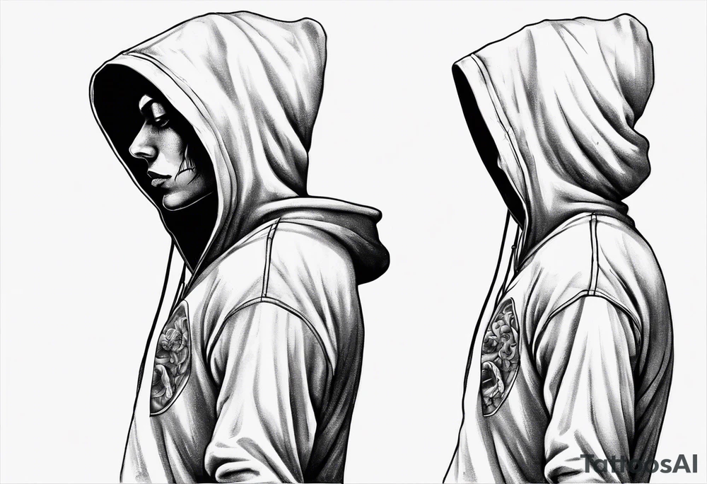 The full side view of a person in a hoodie, looking down. tattoo idea