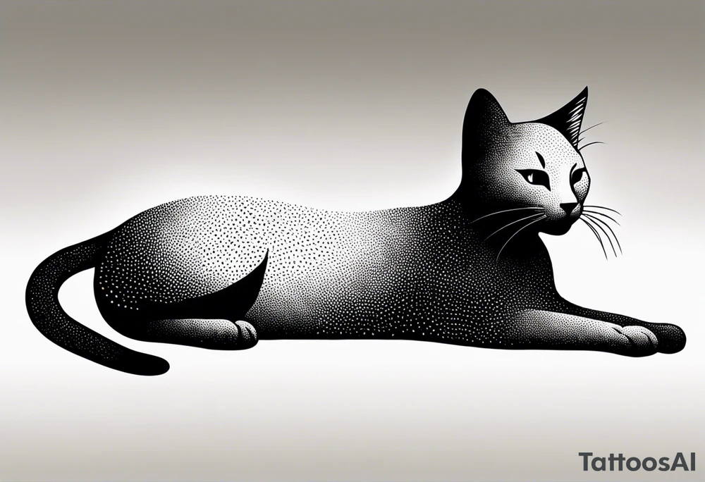 Design a simple outline tattoo of a cat stretching, embodying grace and flexibility, perfect for a subtle yet expressive design tattoo idea