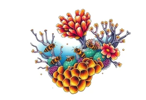 Coral reef scene with honey bees swimming on honey comb tattoo idea